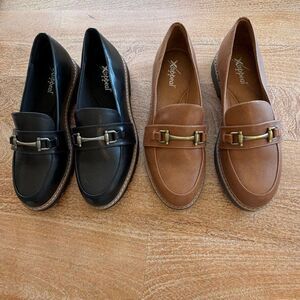 Xappeal Nellie women's chunky lug sole two-tone loafers in black and tan faux le